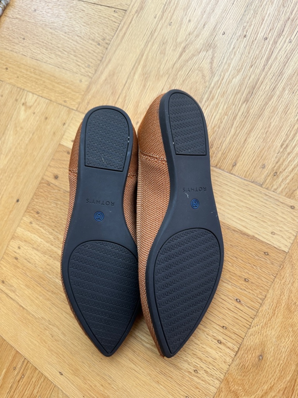 Rothy's Pointed Slip-On Flats in Cognac with Blue Trim - Picture 3 of 5